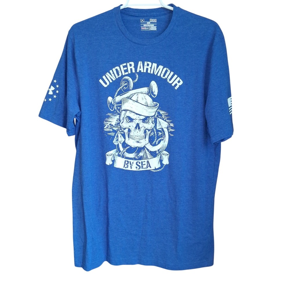 Under Armour By Sea SS Graphic Tshirt Royal Blue Medium US Navy Skull Anchor EUC